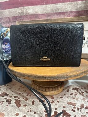 COACH Black Pebbled Leather Crossbody Wallet with Gold Logo